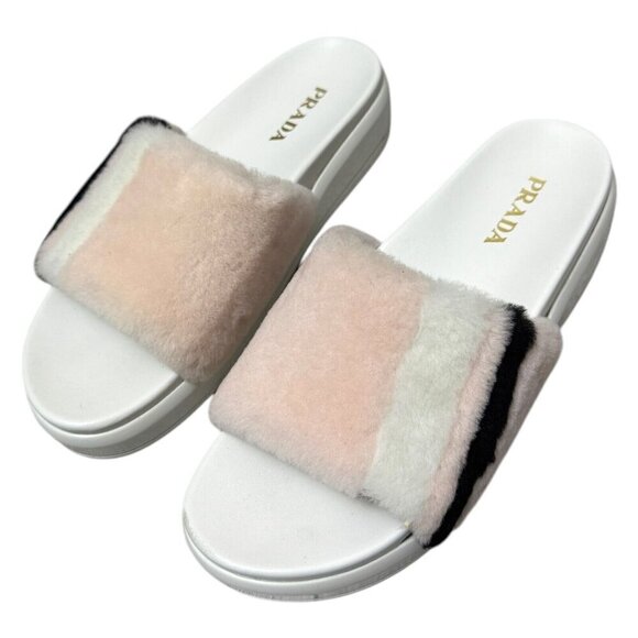 PRADA Luxury Designer Faux FUR Pink Summer Slides Sandals Womens Size 9 US - Picture 9 of 9
